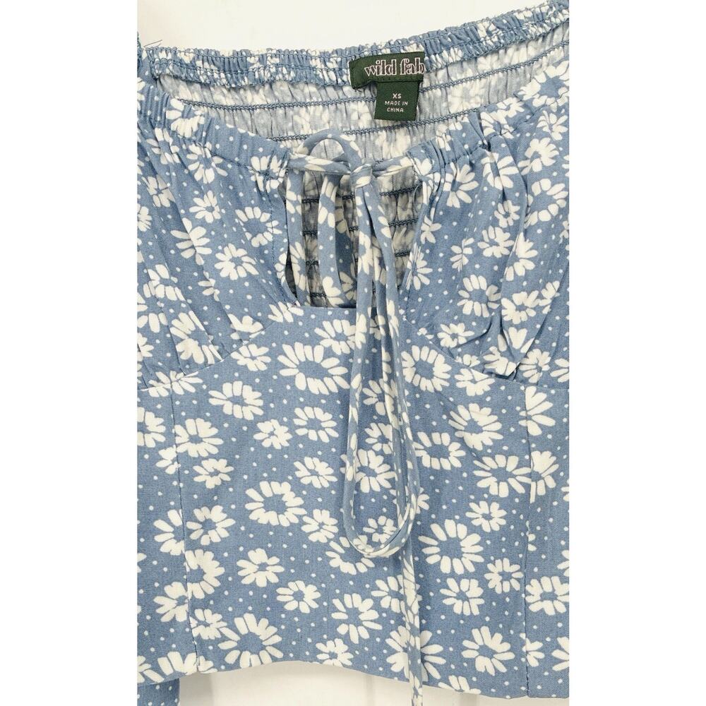 Blue Daisy Sz XS Milkmaid Y2K Cropped LS Rayon Cottage Core Prairie Blouse - Picture 3 of 9